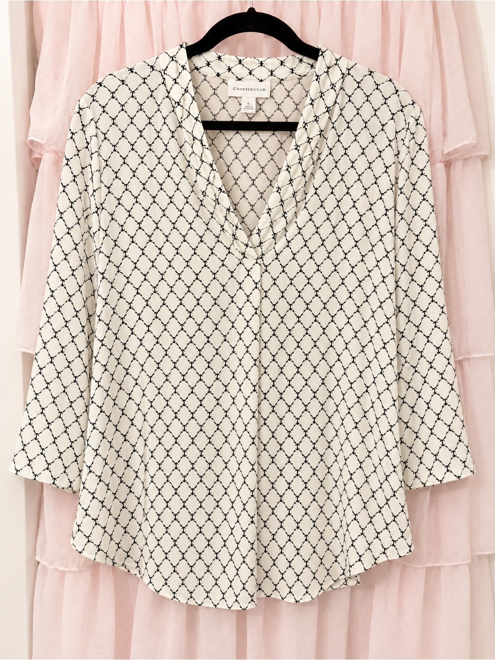 Charter Club Ivory Black Geometric V-Neck Blouse